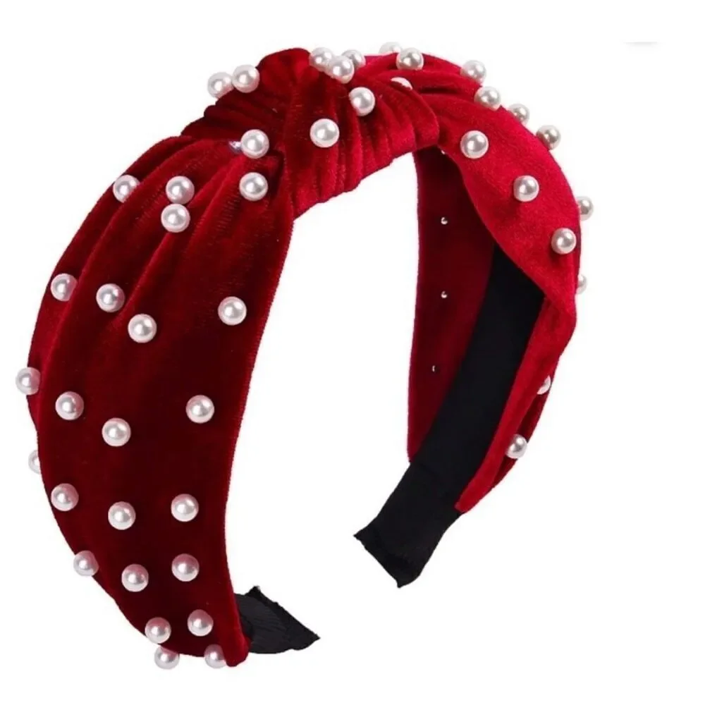 Burgundy Pearl Beaded Knott Headband Womens Casual Classic Valentines Accessory